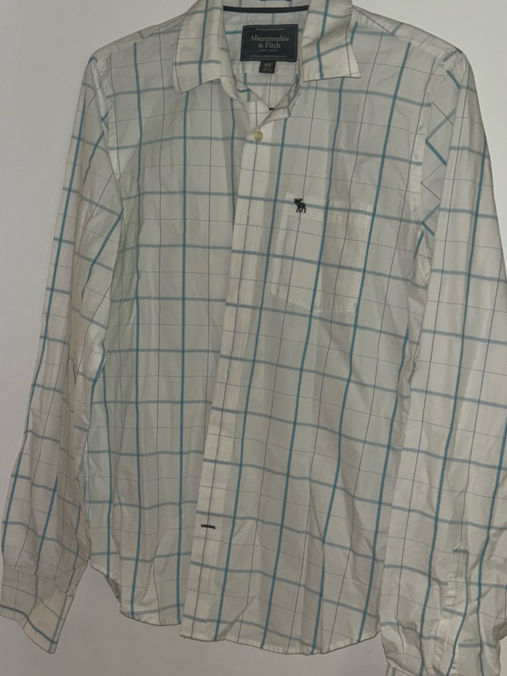 Abercrombie & Fitch White Button-Down Shirt with Light Blue Windowpane